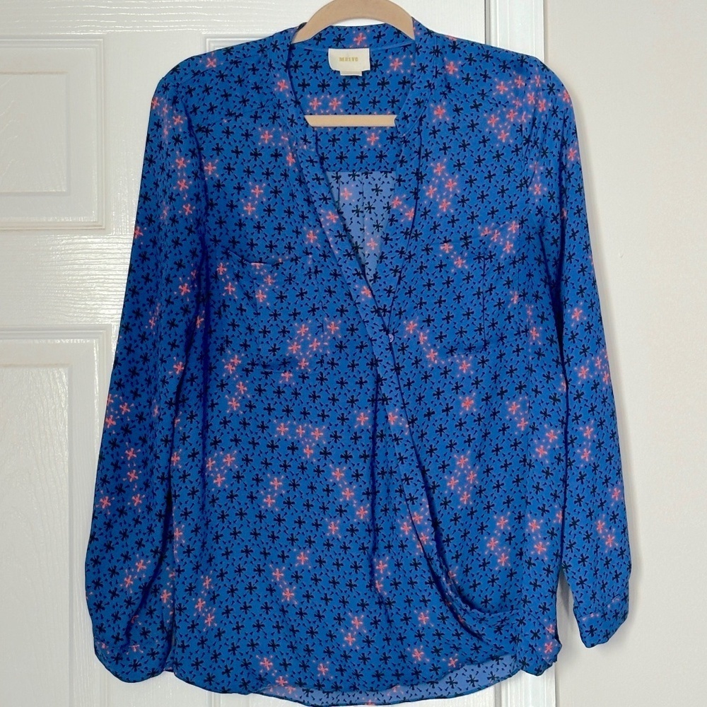 Maeve Anthropologie Faux Wrap Blouse Cobalt Blue Pink Print Long Sleeve Size 8